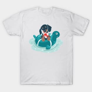 Summer pool pawty // aqua background dachshund dog breed in vacation playing on swimming pool T-Shirt